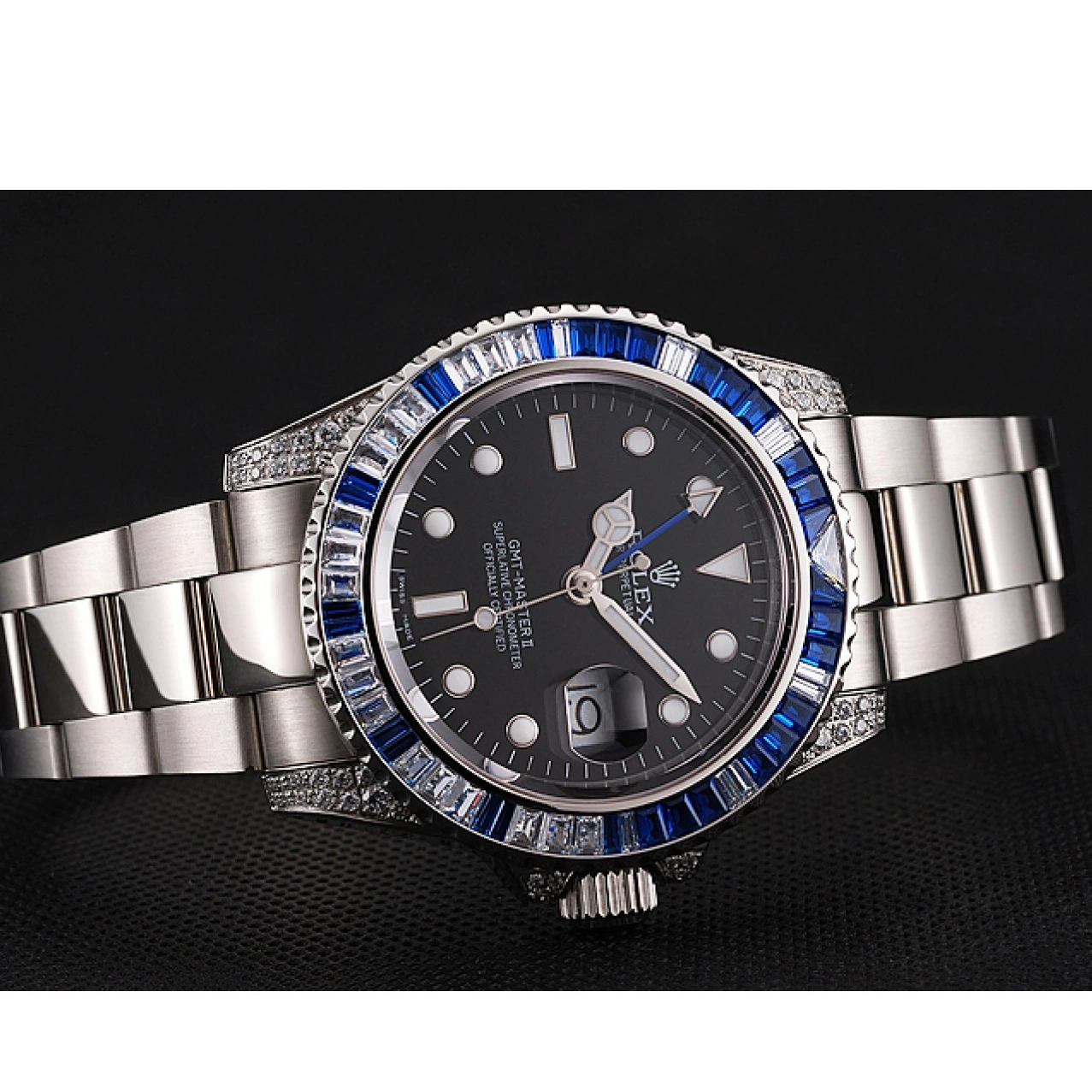 Aaa fake watches II Bezel Set 1453747 Dial Stainless GMT And Master Black Swiss Case Steel Stone Bracelet Rolex 0602